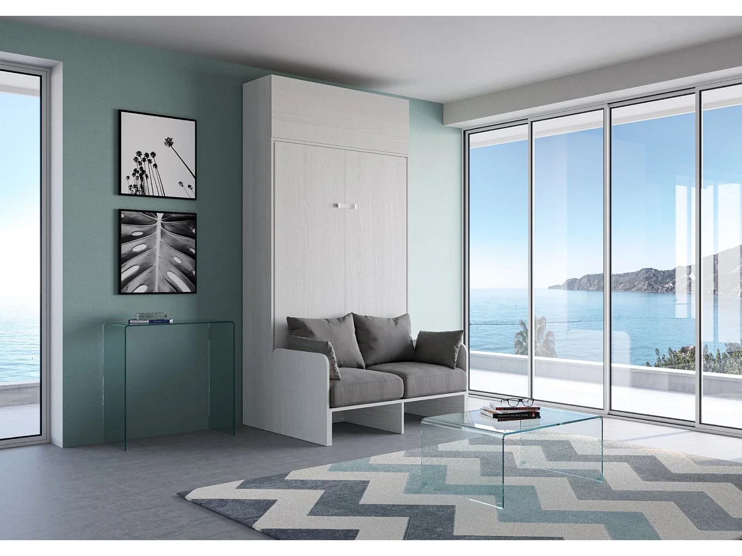 Armoire lit 120x190 avec canapé et meuble haut bois blanc Kanto-Couleur Microfibre 38