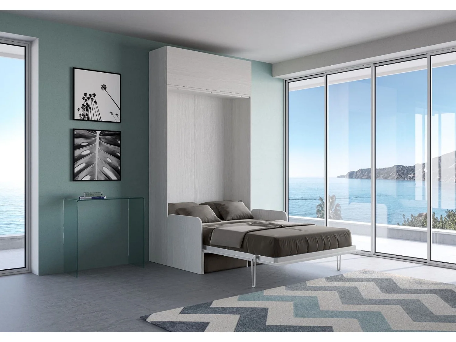 Armoire lit 120x190 avec canapé et meuble haut bois blanc Kanto-Couleur Microfibre 38