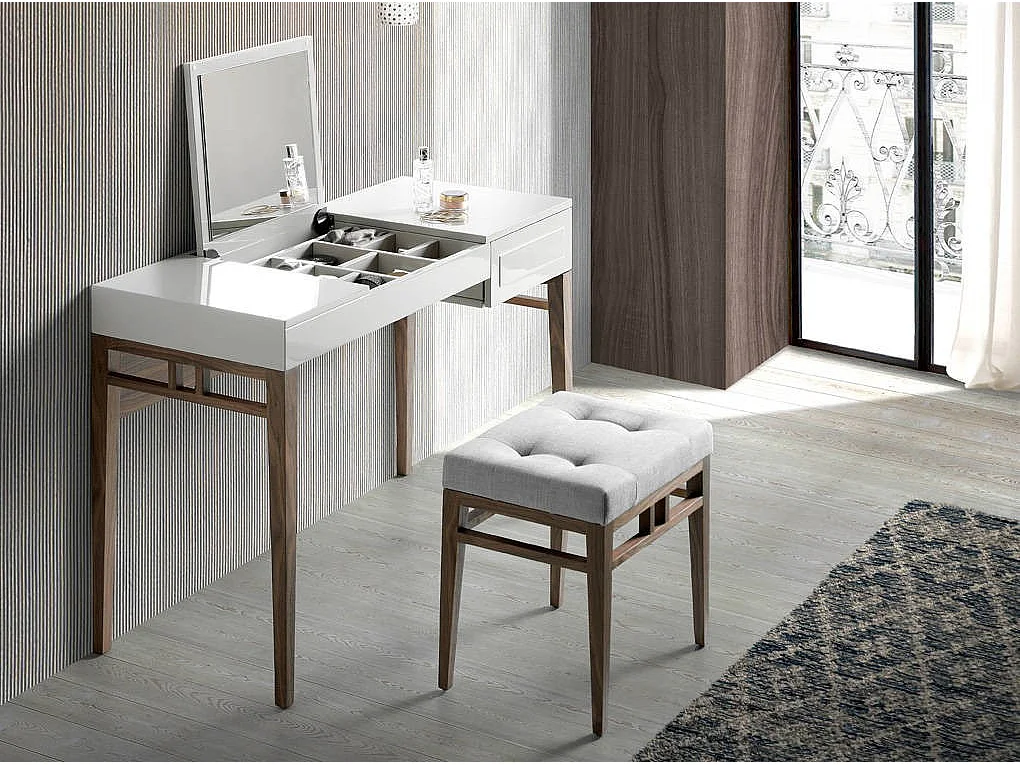 Tabouret capitonné tissu et pieds bois plaqué noyer Panagagora-Couleur DUO 01