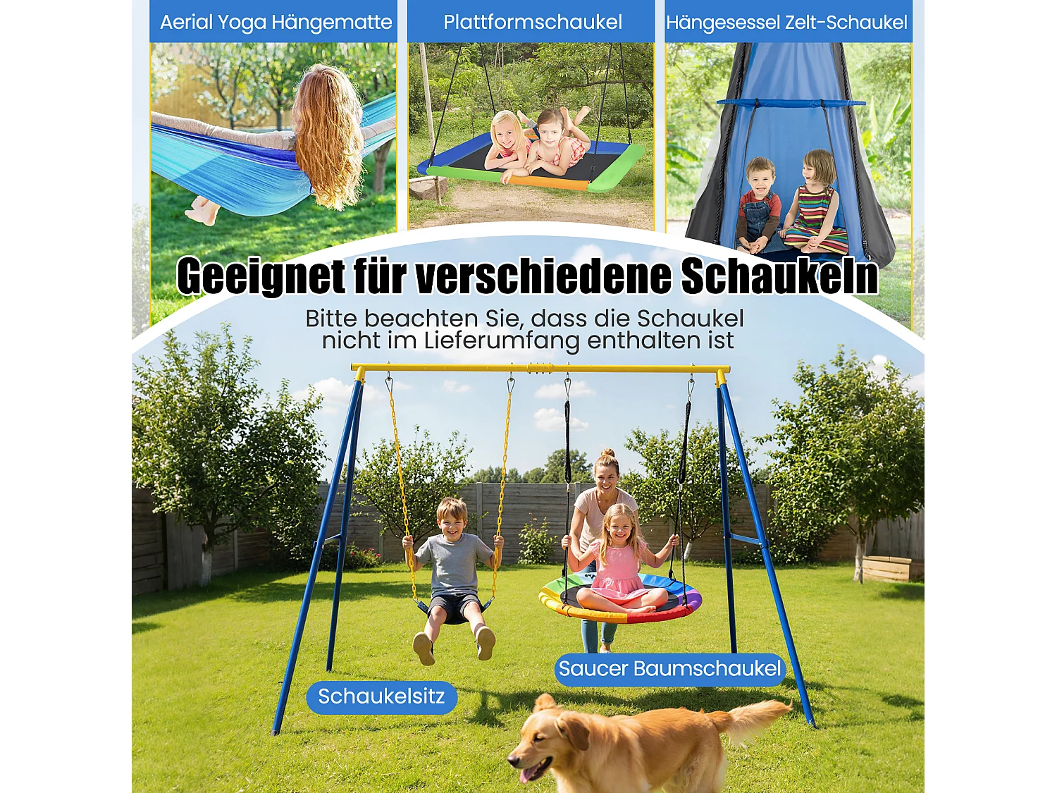 Schaukelgestell, Schaukelgerüst aus Metall bis 300 kg belastbar, Schaukel Gestell mit Bodenanker, Rutschfester Fußkappe ZB32747