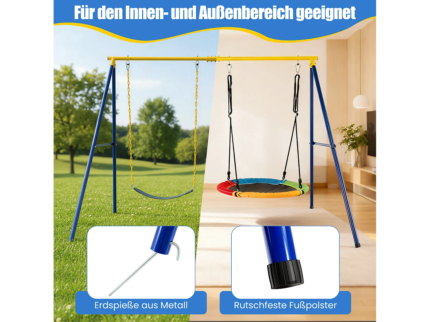 Schaukelgestell, Schaukelgerüst aus Metall bis 300 kg belastbar, Schaukel Gestell mit Bodenanker, Rutschfester Fußkappe ZB32747