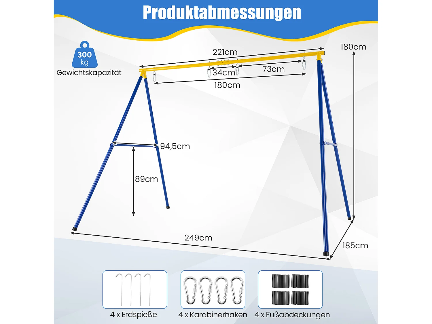 Schaukelgestell, Schaukelgerüst aus Metall bis 300 kg belastbar, Schaukel Gestell mit Bodenanker, Rutschfester Fußkappe ZB32747