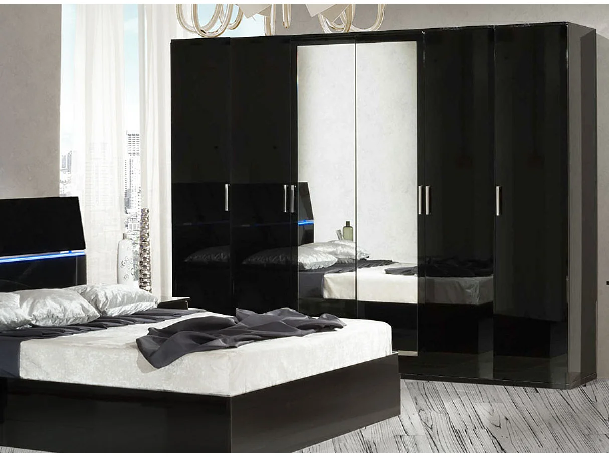 Grande armoire moderne 6 portes bois noir laqué et miroir Mona 272cm