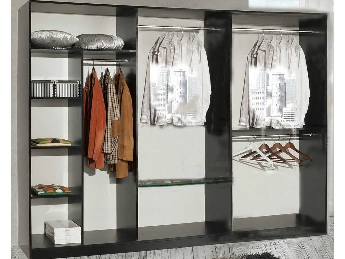 Grande armoire moderne 6 portes bois noir laqué et miroir Mona 272cm