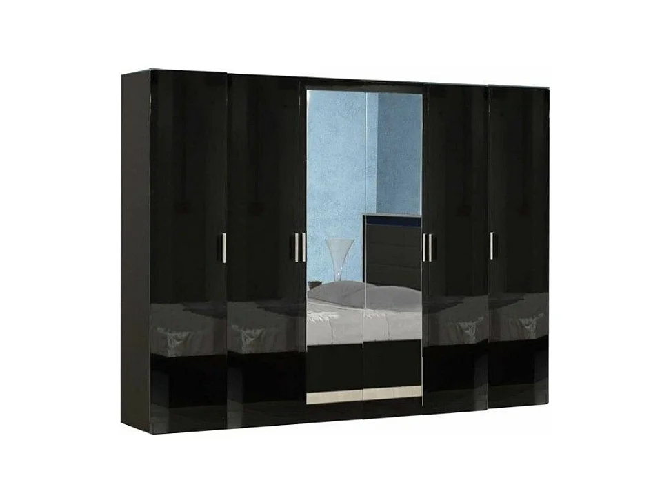 Grande armoire moderne 6 portes bois noir laqué et miroir Mona 272cm