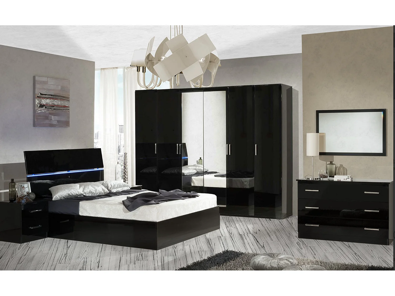 Grande armoire moderne 6 portes bois noir laqué et miroir Mona 272cm