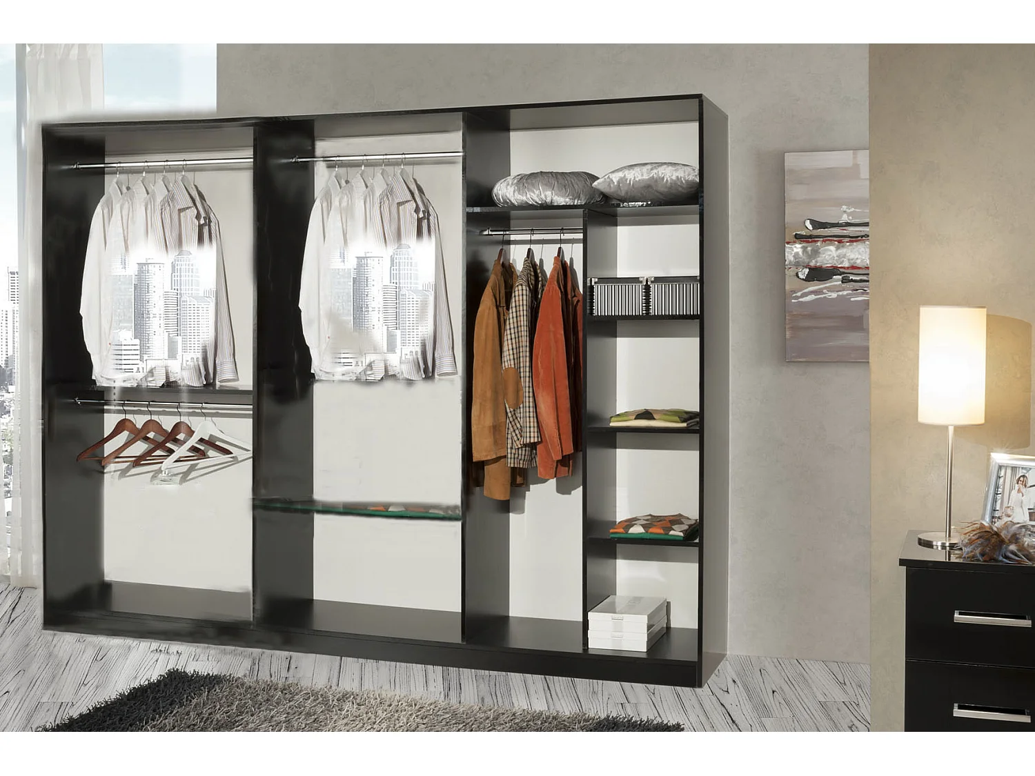 Grande armoire moderne 6 portes bois noir laqué et miroir Mona 272cm