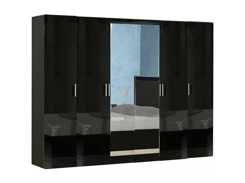 Grande armoire moderne 6 portes bois noir laqué et miroir Mona 272cm