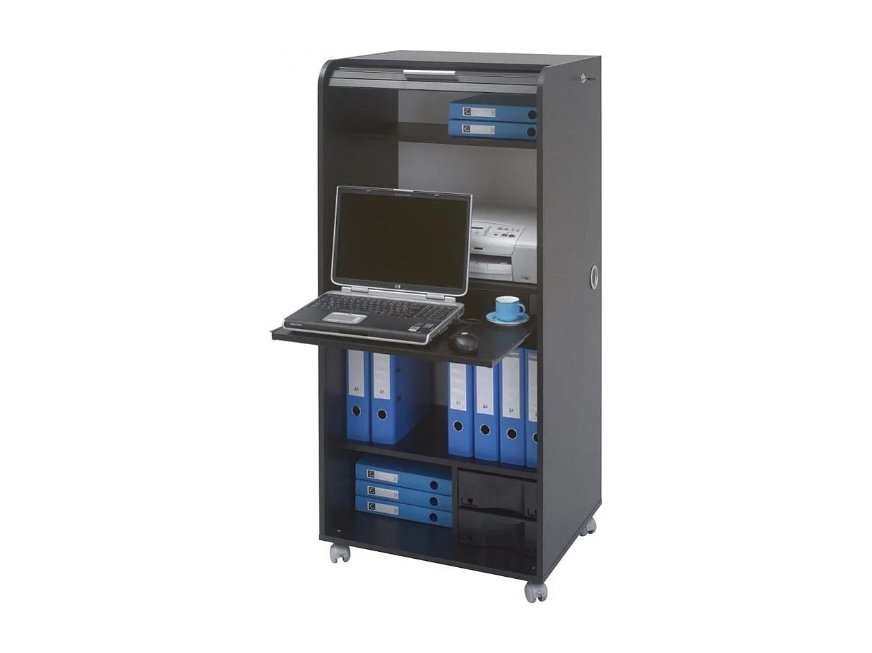 Meuble informatique à rideau noir imprimé bambous Orga 140cm