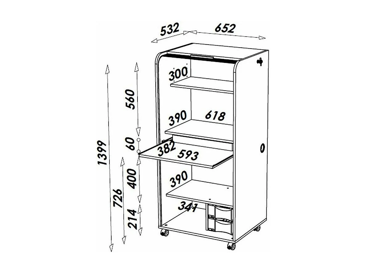 Meuble informatique à rideau noir imprimé bambous Orga 140cm
