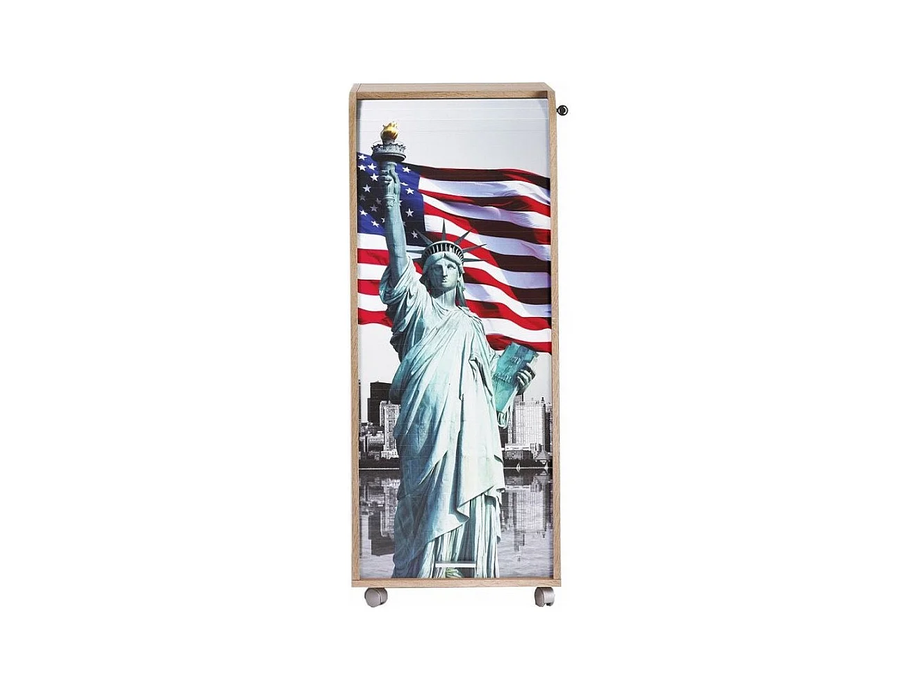 Grand caisson à rideau 3 tiroirs chêne naturel imprimé statue de la Liberté Orga 108cm