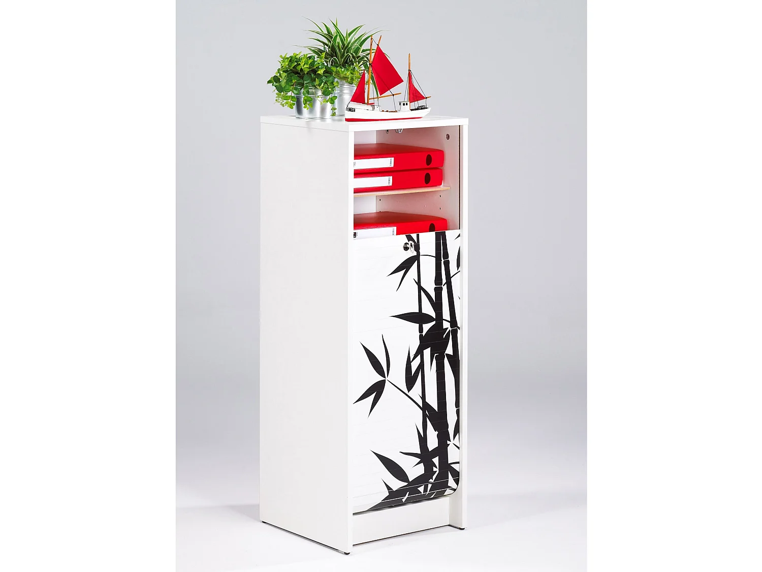 Classeur à rideau blanc BOSTA 104cm – Meuble de rangement sécurisé 5 niches avec serrure-Façade Impression bambou