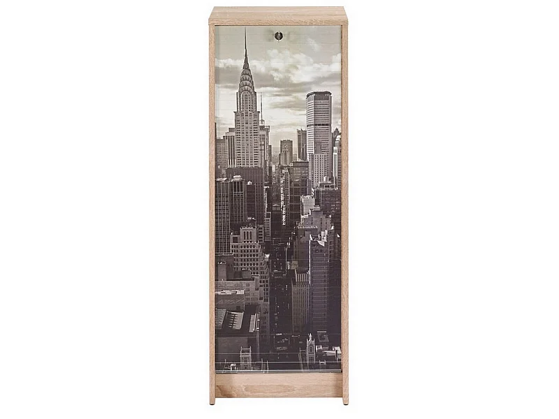 Classeur à rideau chêne clair BOSTA 104cm – Meuble de rangement sécurisé 5 niches avec serrure-Façade Impression NY city
