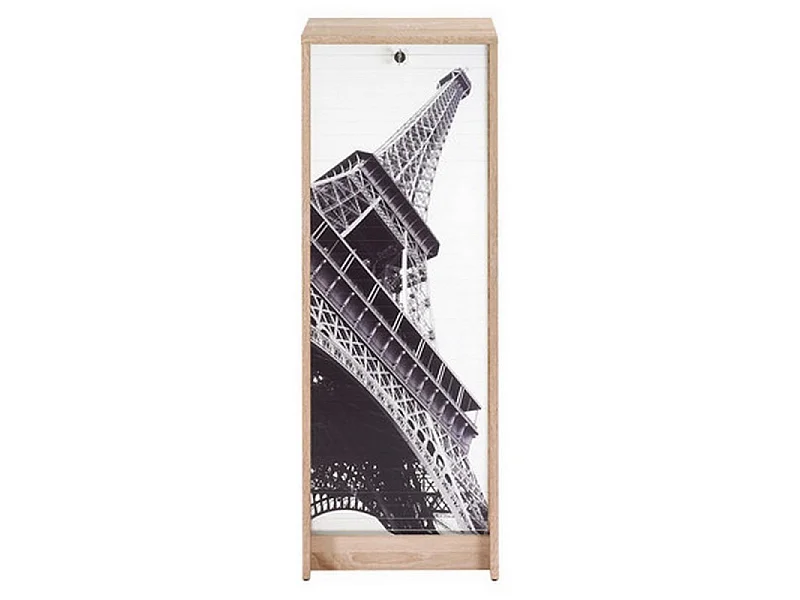 Classeur à rideau chêne clair BOSTA 104cm – Meuble de rangement sécurisé 5 niches avec serrure-Façade Impression Tour eiffel