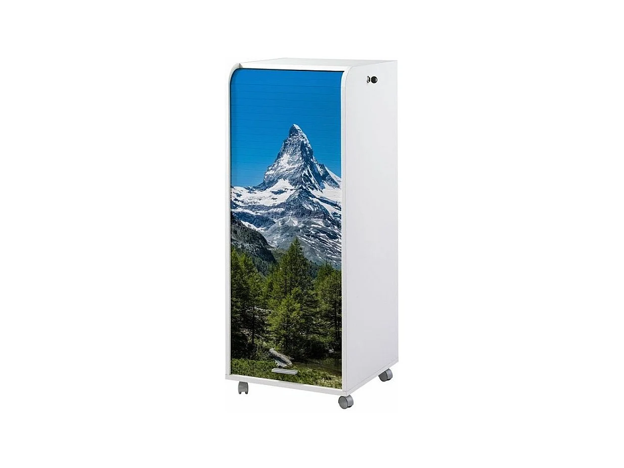 Grand caisson à rideau sur roulettes 3 tiroirs blanc imprimé Mont Cervin Orga 108cm