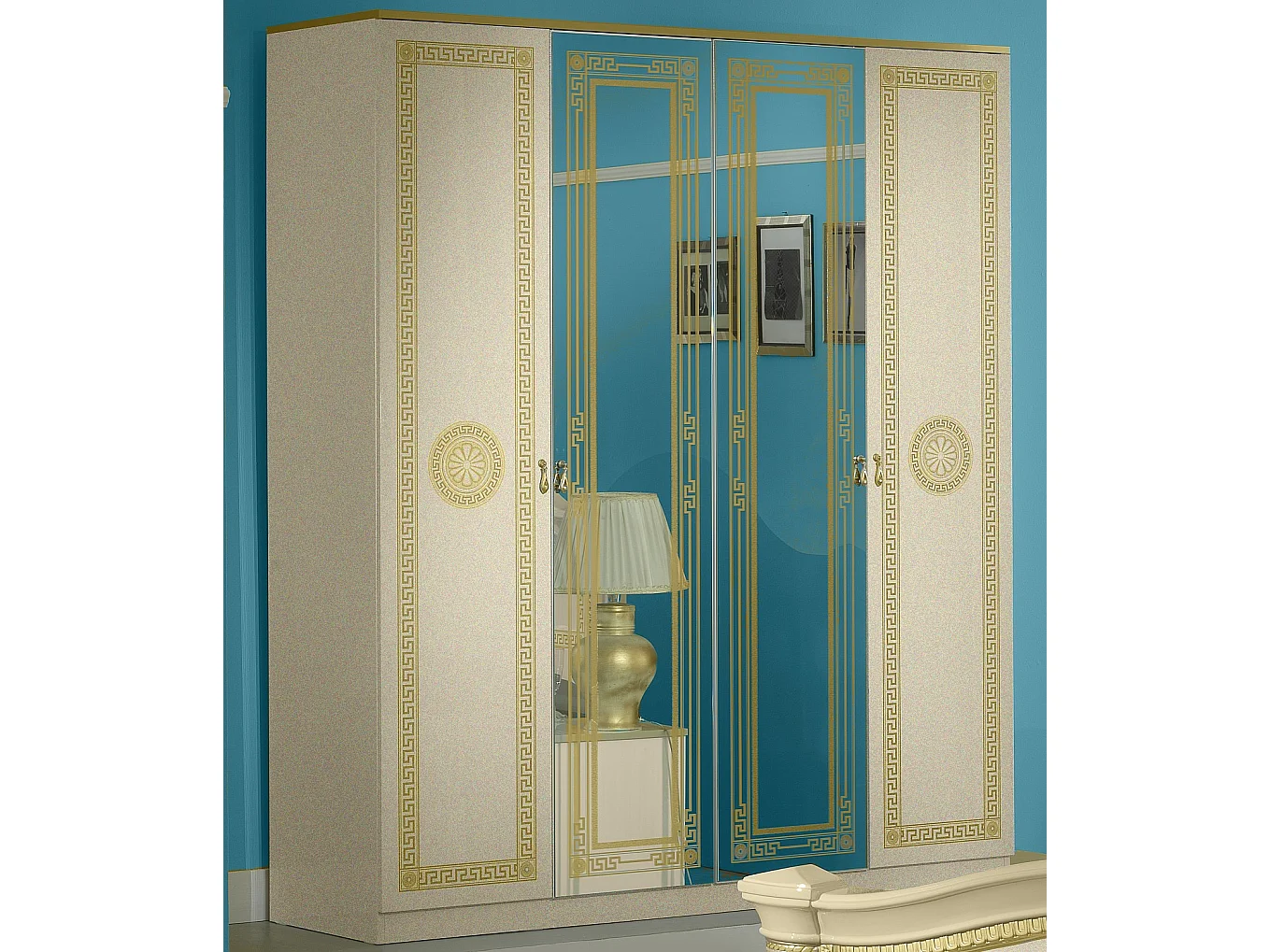 Armoire de chambre 4 portes 2 avec miroirs laqué beige et doré Savana 181cm
