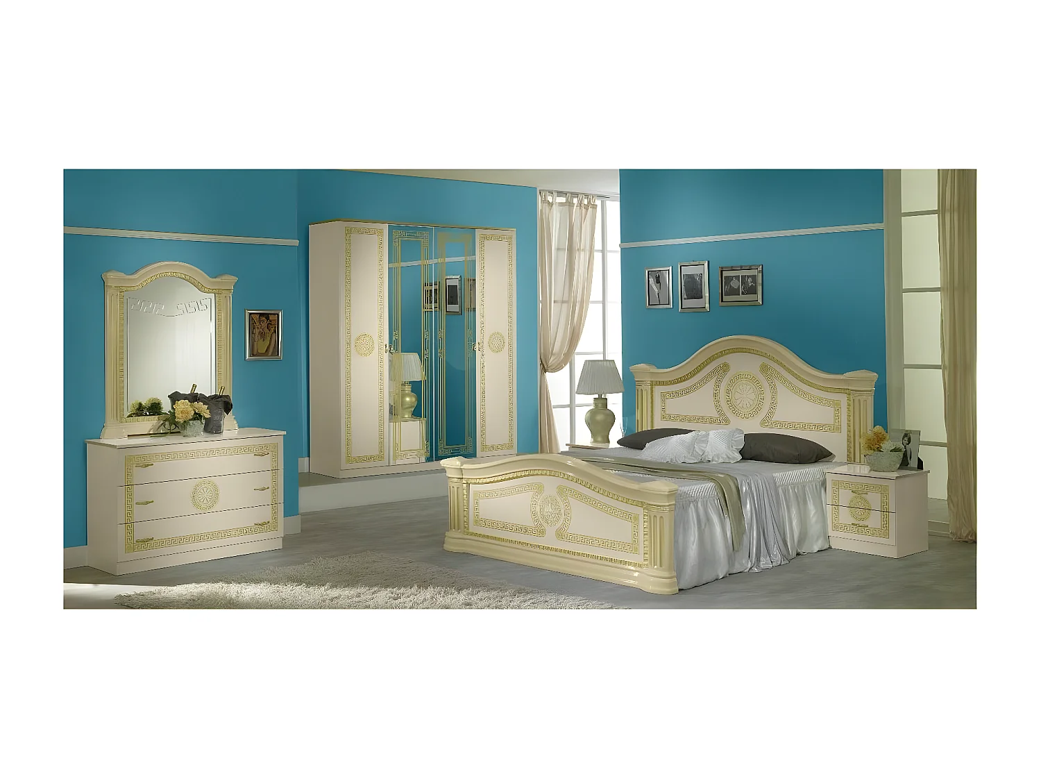 Armoire de chambre 4 portes 2 avec miroirs laqué beige et doré Savana 181cm