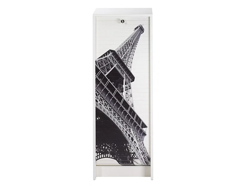 Classeur à rideau blanc BOSTA 104cm – Meuble de rangement sécurisé 5 niches avec serrure-Façade Impression Tour eiffel