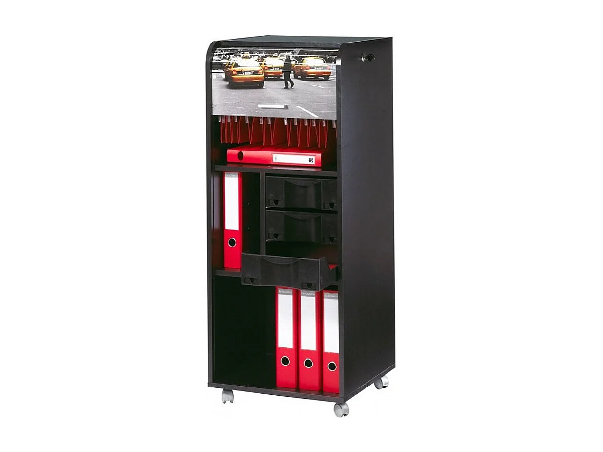 Grote gordijnkast op wielen 3 zwarte lades met gele taxi print Orga 108 cm