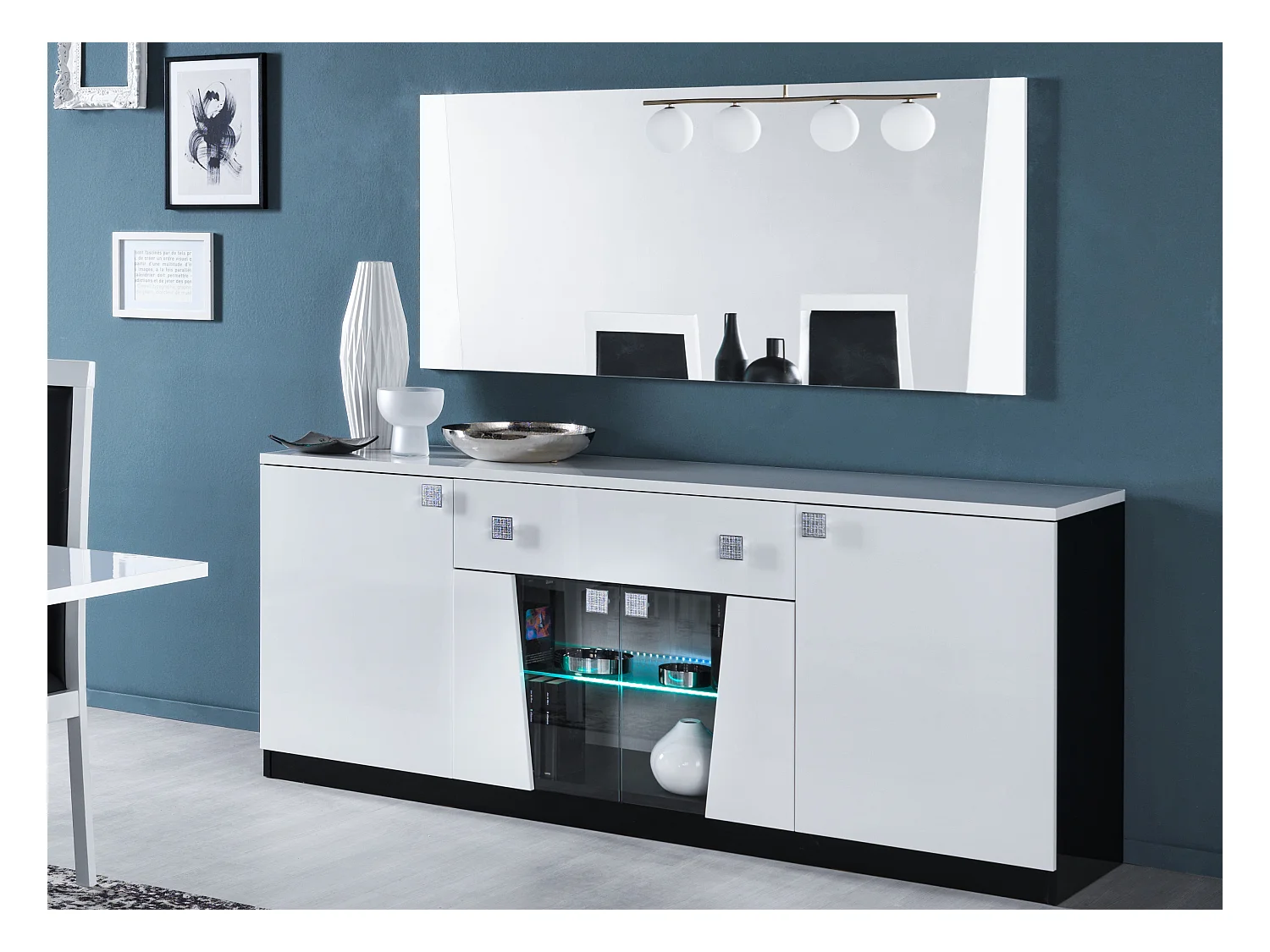 Miroir mural bois blanc et noir vernis laqué brillant Bilia 190cm