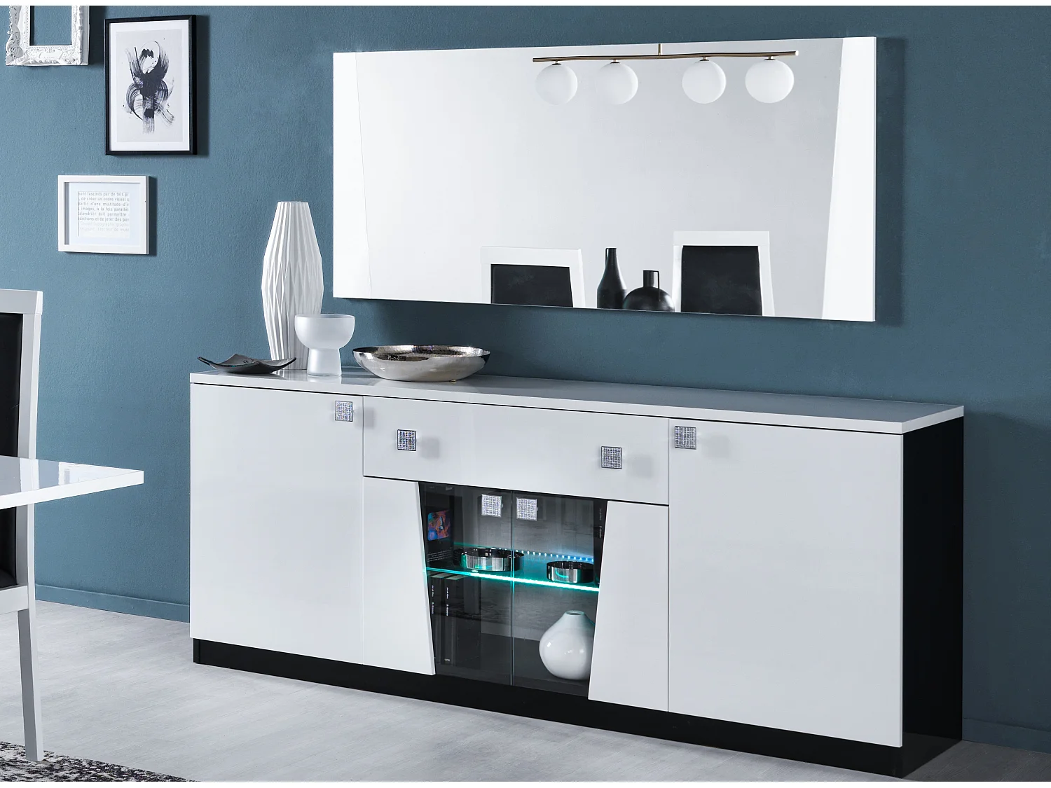 Miroir mural bois blanc et noir vernis laqué brillant Bilia 190cm