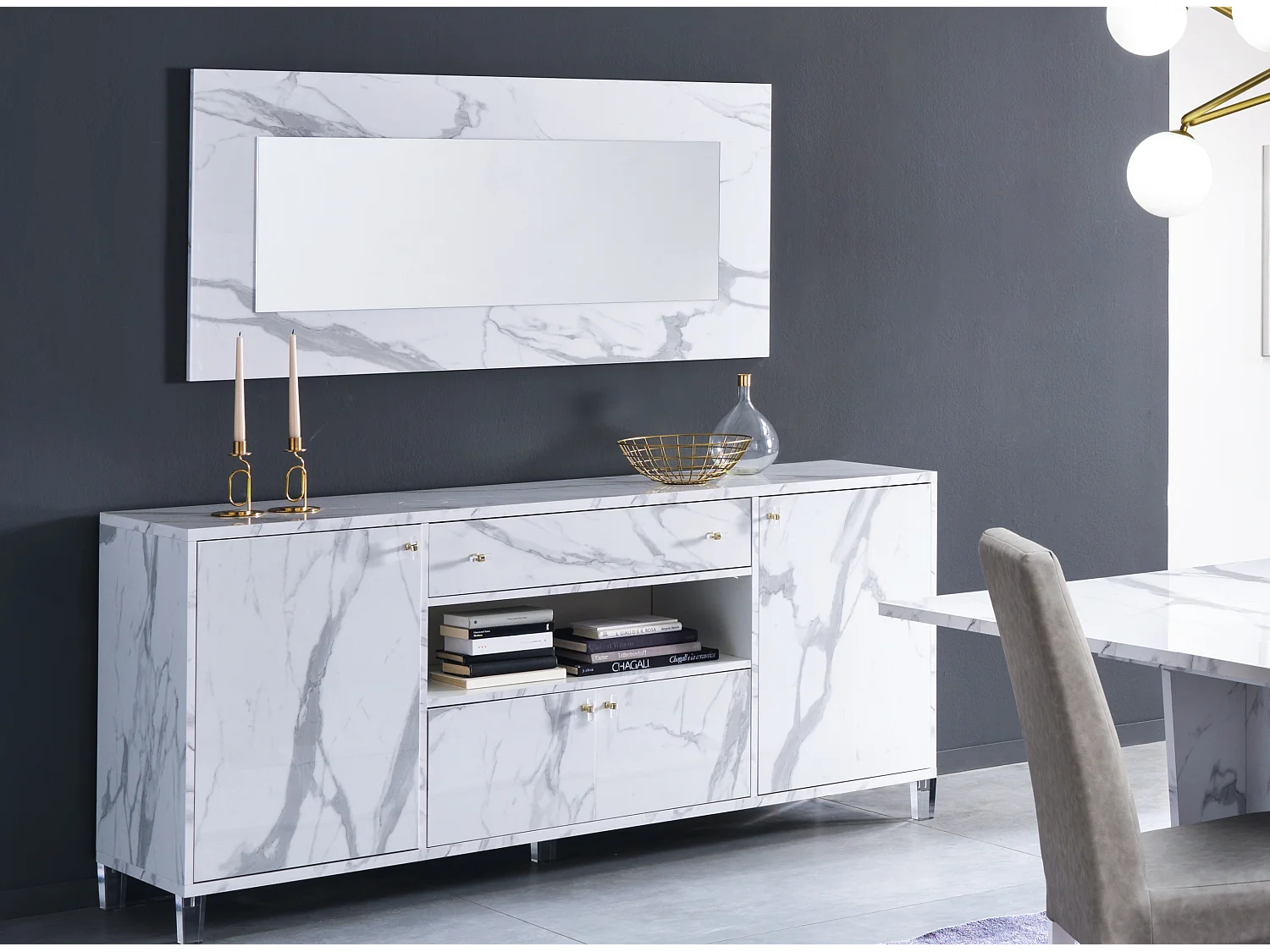 Miroir mural bois blanc effet marbre vernis Botela 190cm