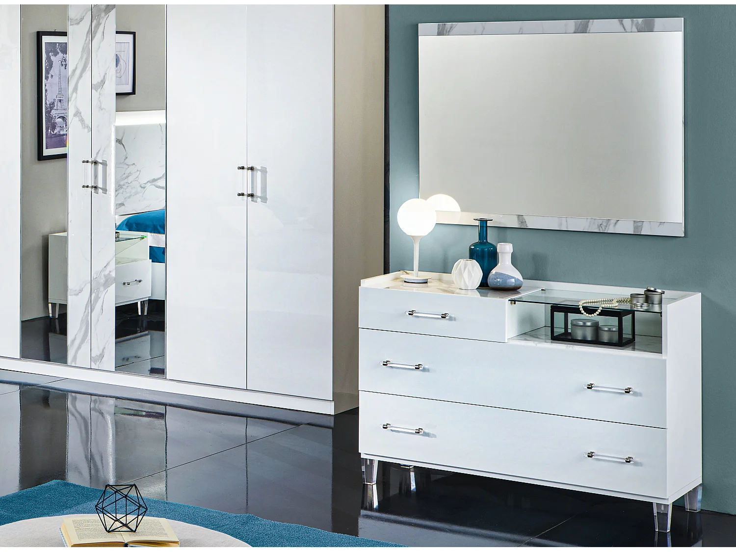 Miroir bois blanc laqué effet marbre Krystal 110cm