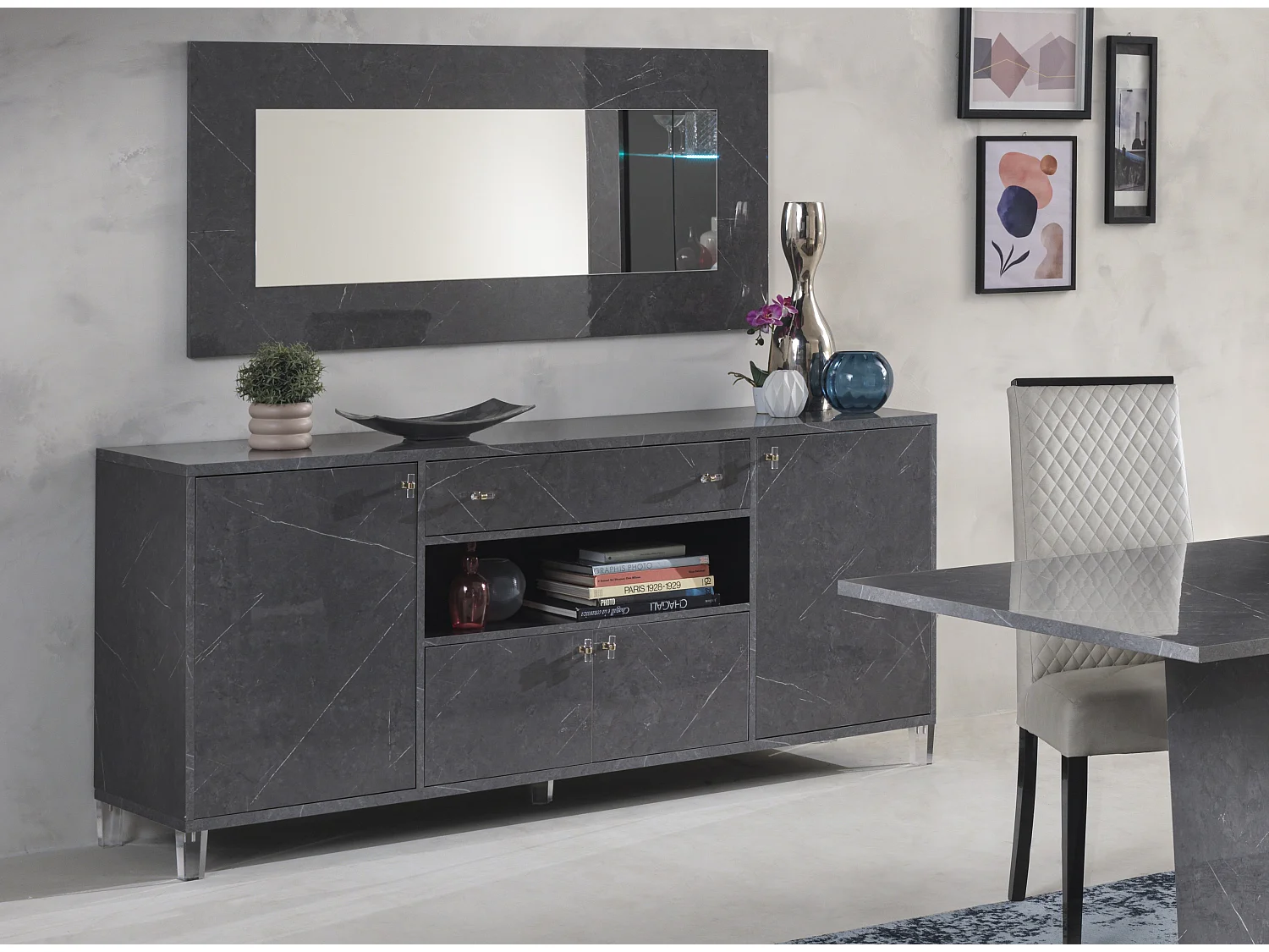 Botela gelakte houten wandspiegel met grijs marmereffect 190 cm