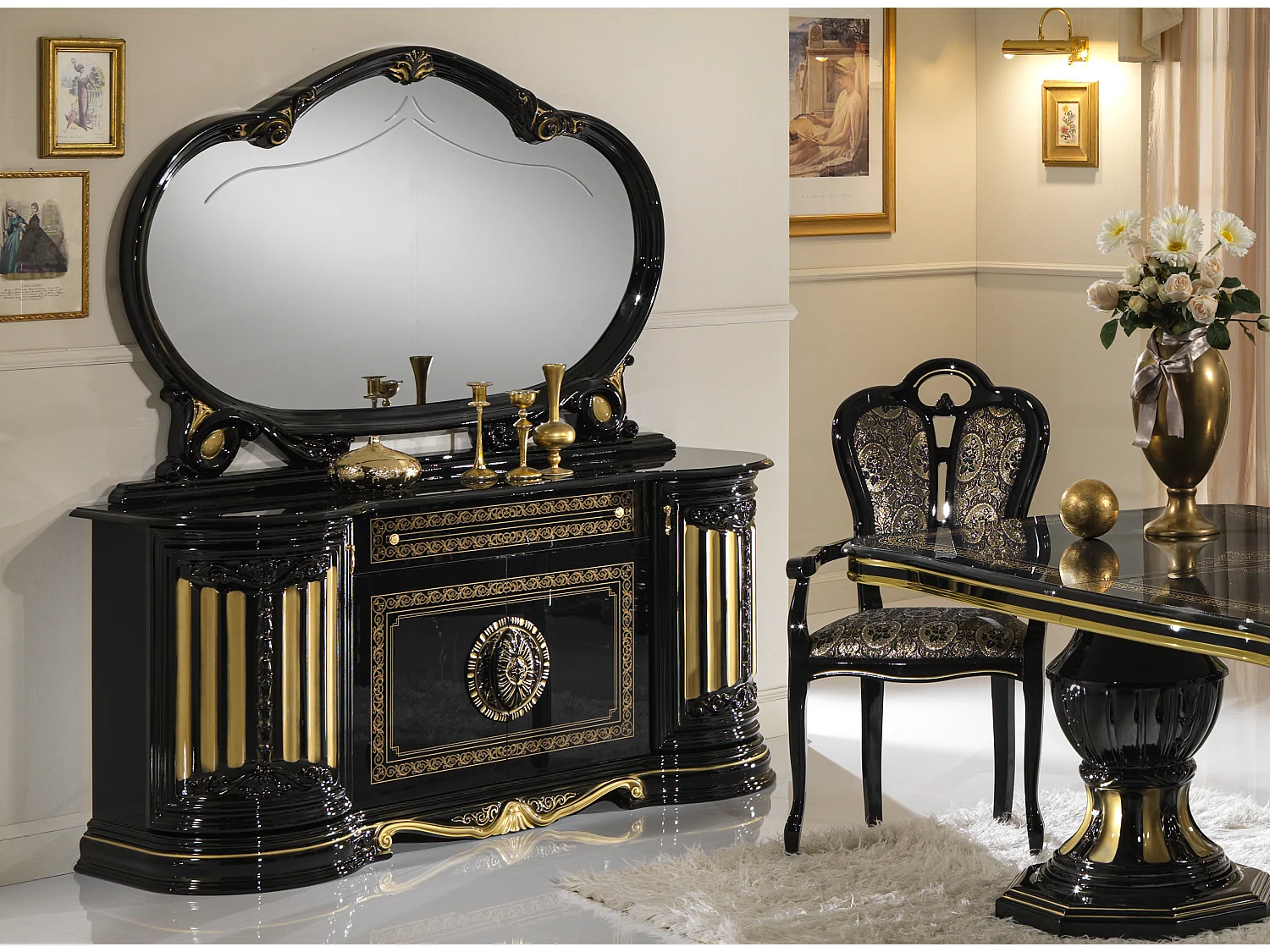 Miroir mural bois vernis laqué brillant noir et doré Lesly 130cm