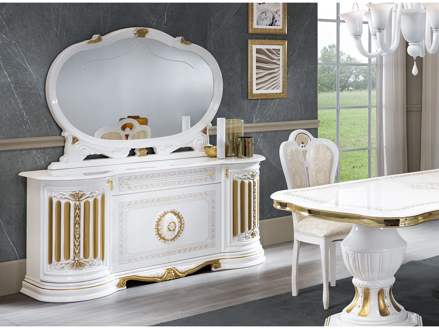 Lesly wit en goud glanzend gelakt gelakt houten wandspiegel 130 cm