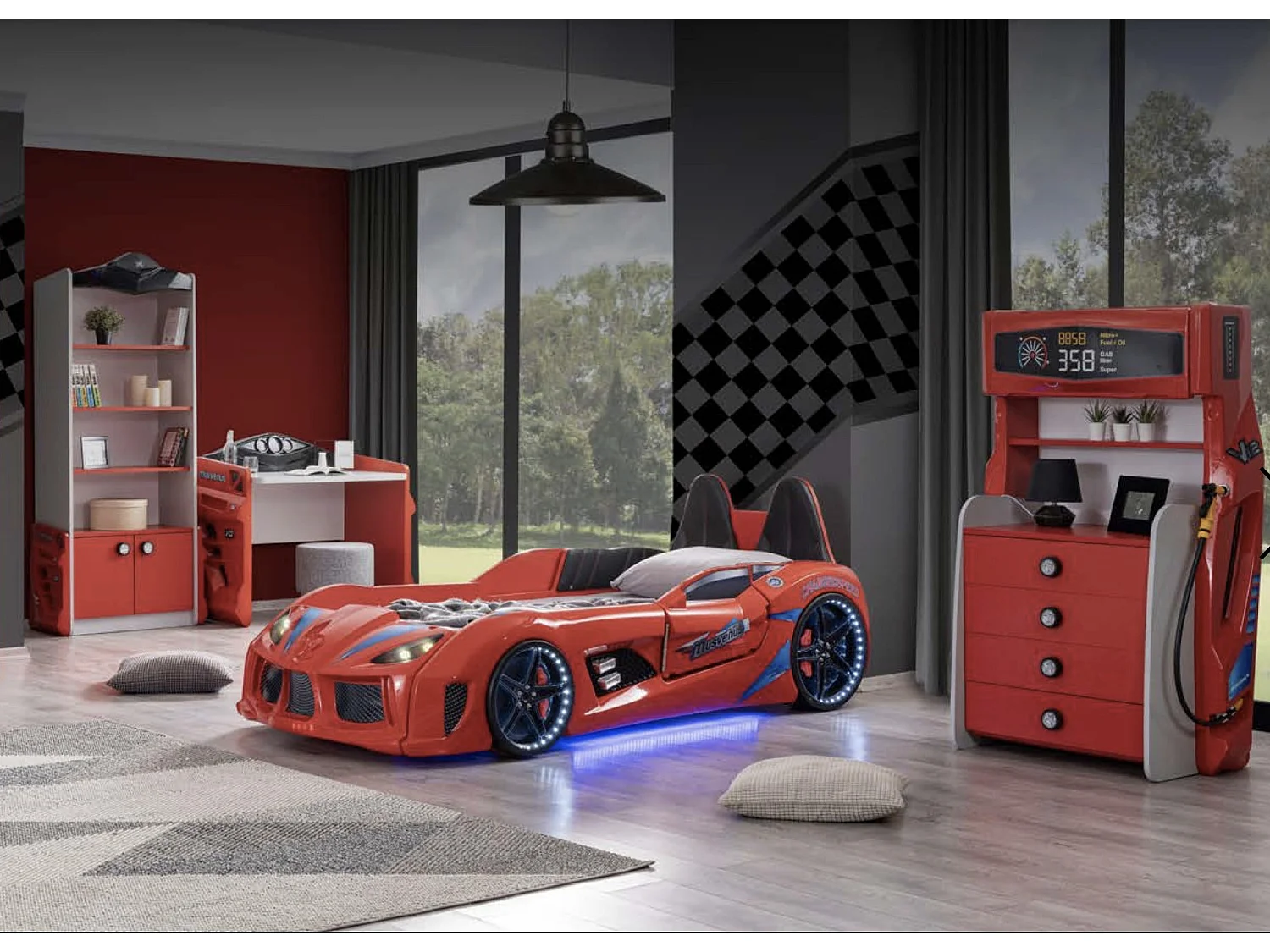 Lit voiture TURBO V7 à LED et bruitages – 90x190-Rouge