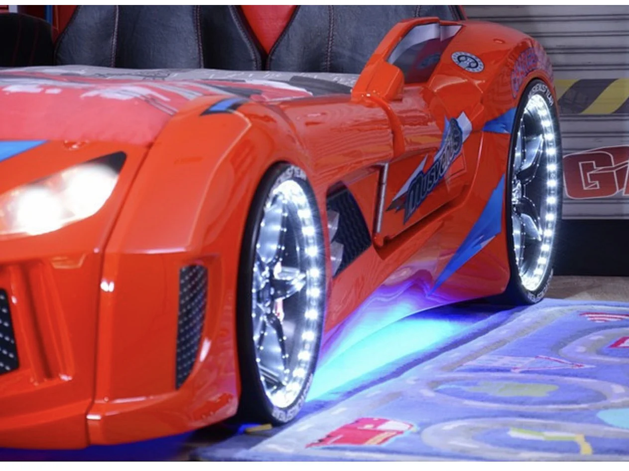 Lit voiture TURBO V7 à LED et bruitages – 90x190-Rouge