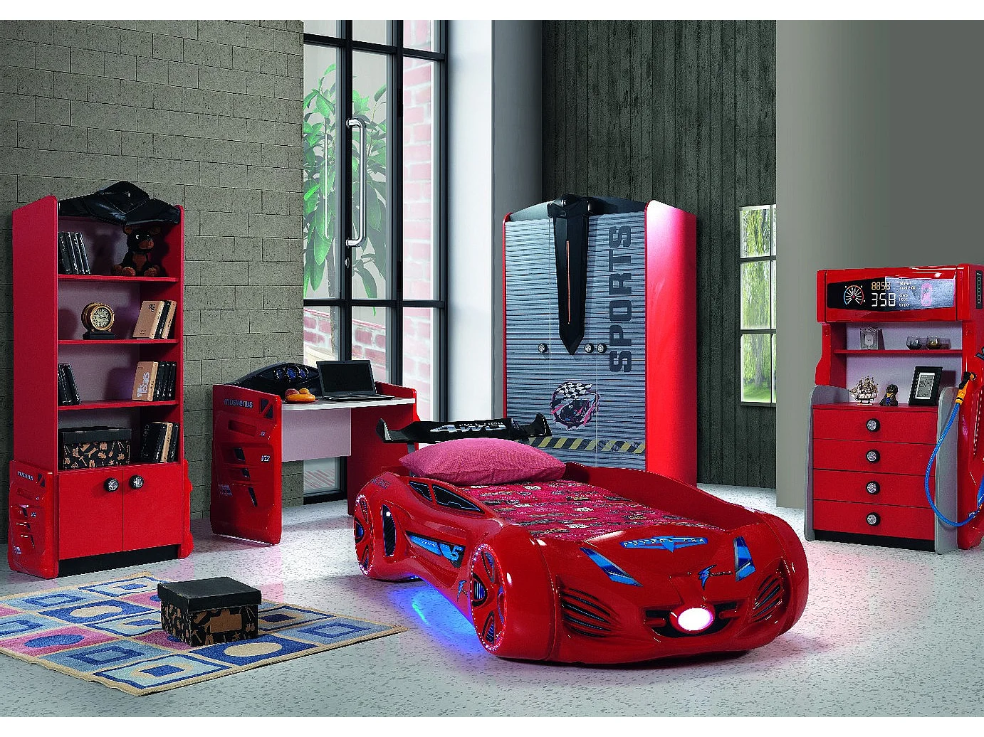 Lit voiture enfant futuriste rouge à Led avec effets sonores 90x190