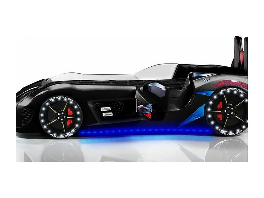 Lit voiture de sport noir à Led avec effets sonores Competition 90x190