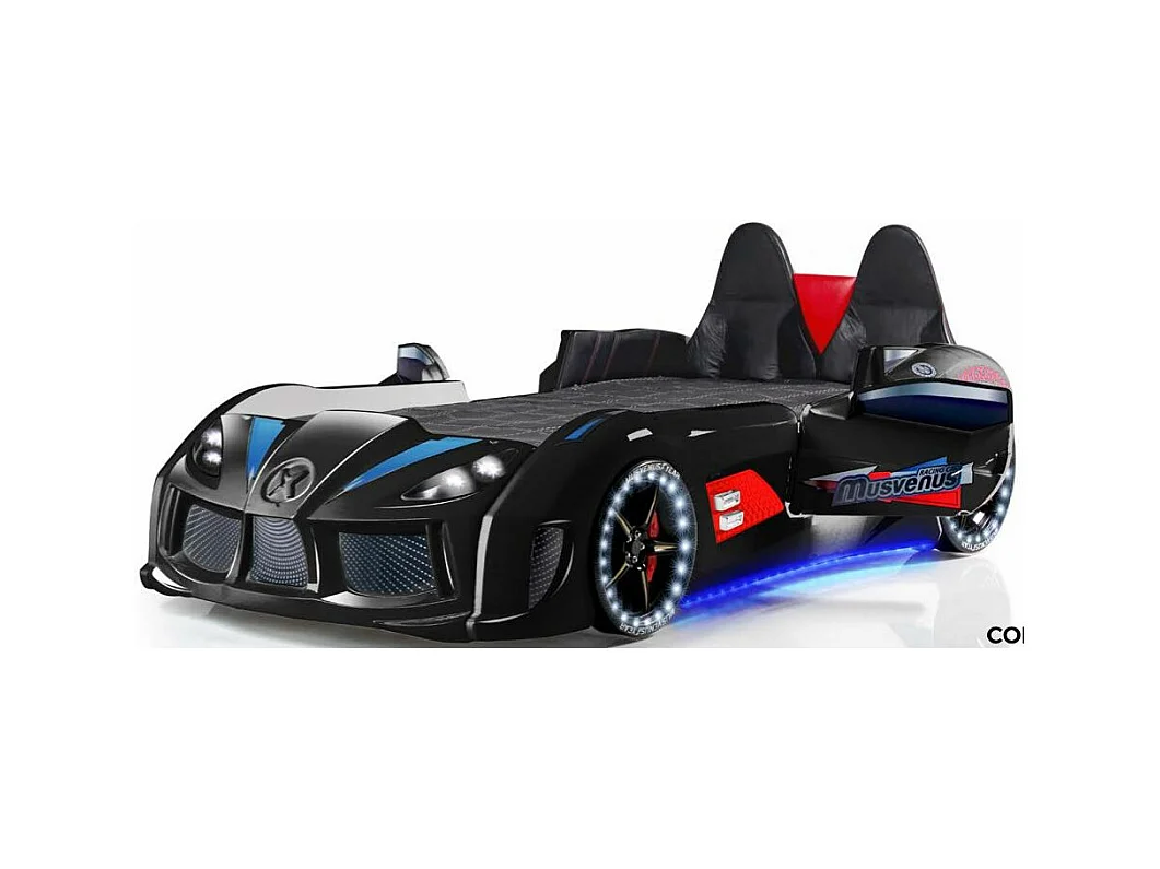 Lit voiture de sport noir à Led avec effets sonores Competition 90x190