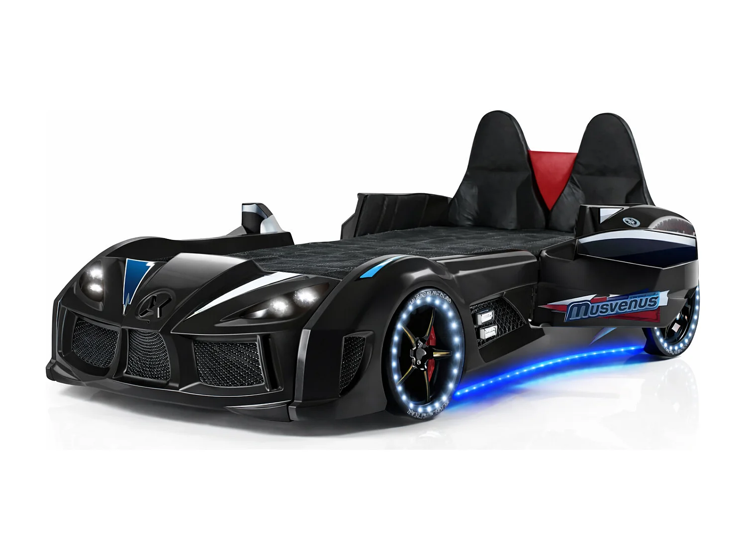 Lit voiture de sport COMPETITION à LED et effets sonores – 90x190-Noir