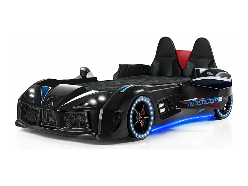 Lit voiture de sport COMPETITION à LED et effets sonores – 90x190-Noir