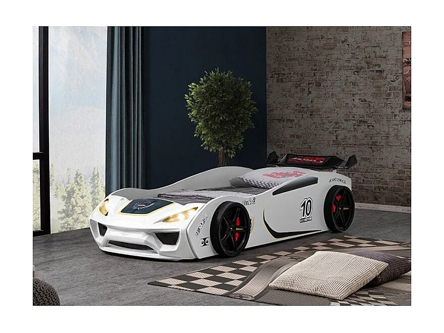 Lit voiture de course RINO avec phares LED – 90x190-Blanc