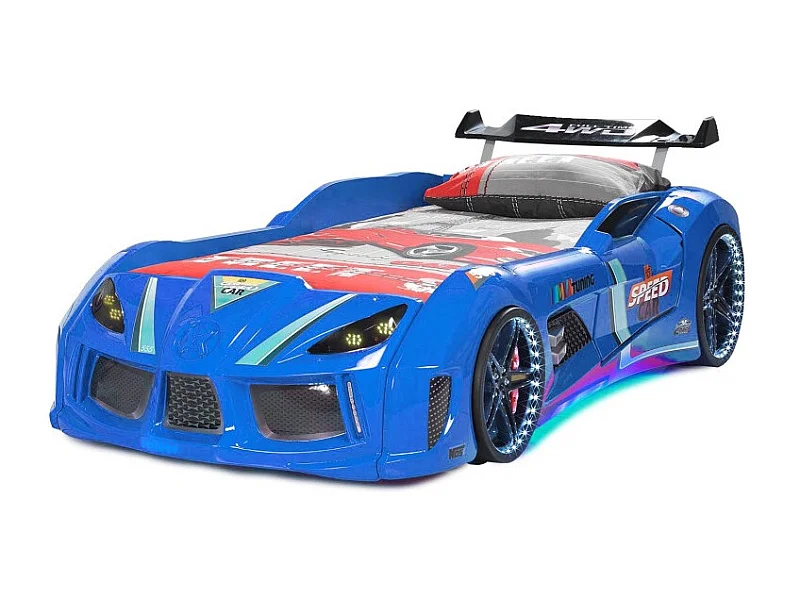 Autobed TURBO V8 met LED-verlichting en geluidseffecten – 90 x 190 cm-Kleur Blauw