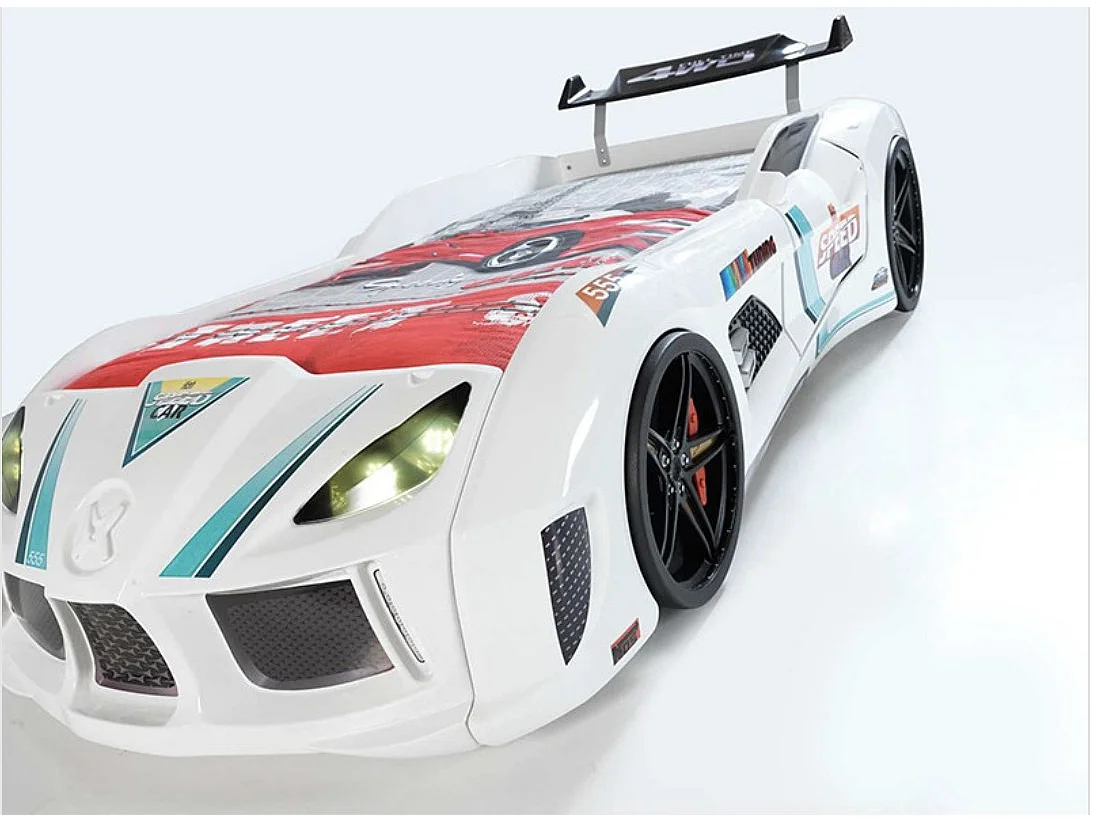 Autobed TURBO V8 met LED-verlichting en geluidseffecten – 90 x 190 cm-Kleur Wit