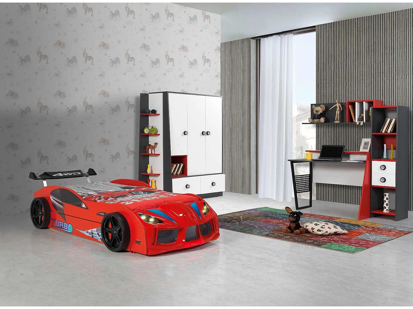 Lit voiture de course double couchage 90x190 Racing rouge