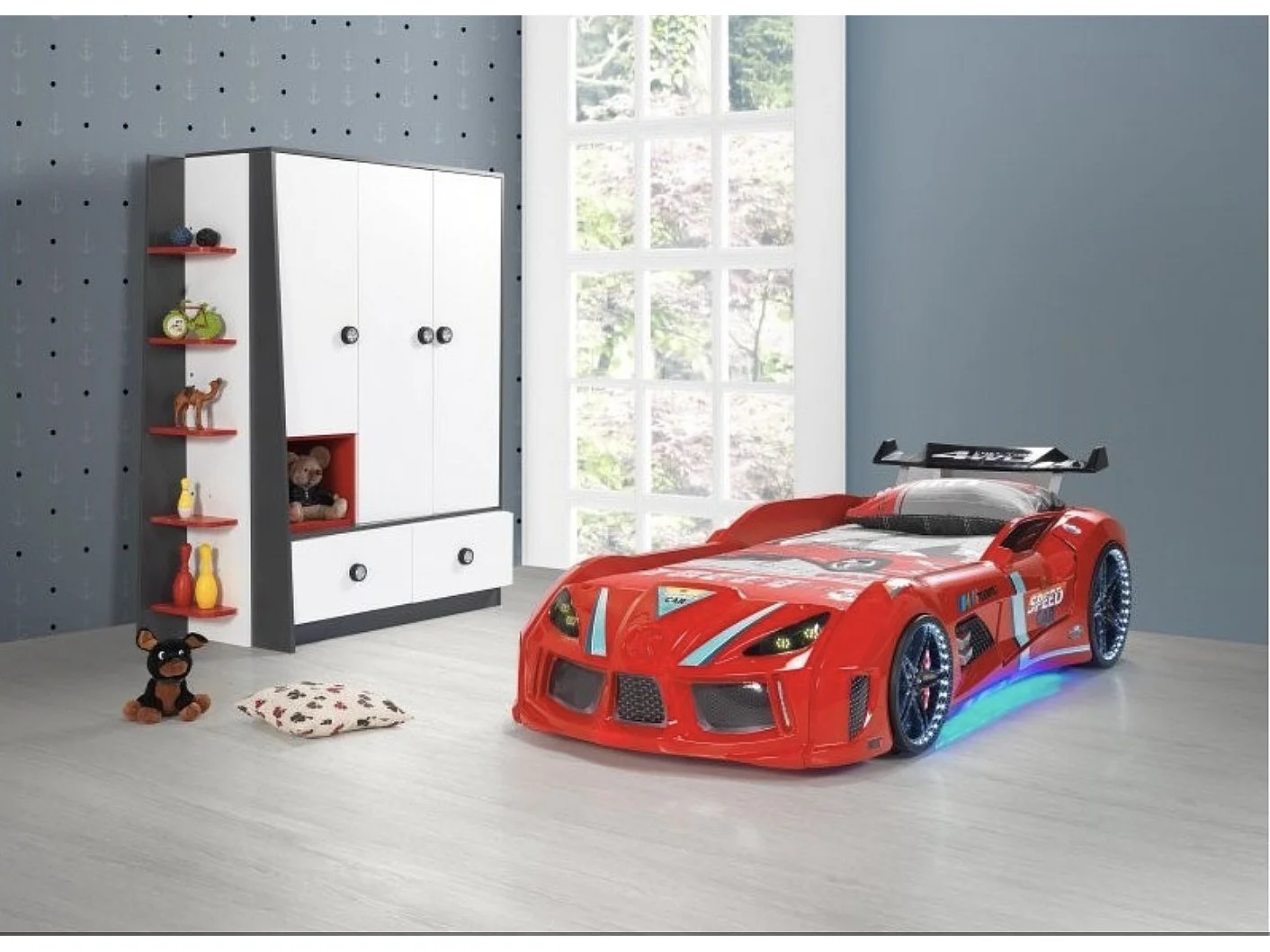 Lit voiture TURBO V8 avec LED et bruitages – 90x190-Rouge