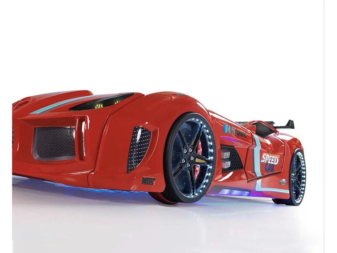 Lit voiture TURBO V8 avec LED et bruitages – 90x190-Rouge