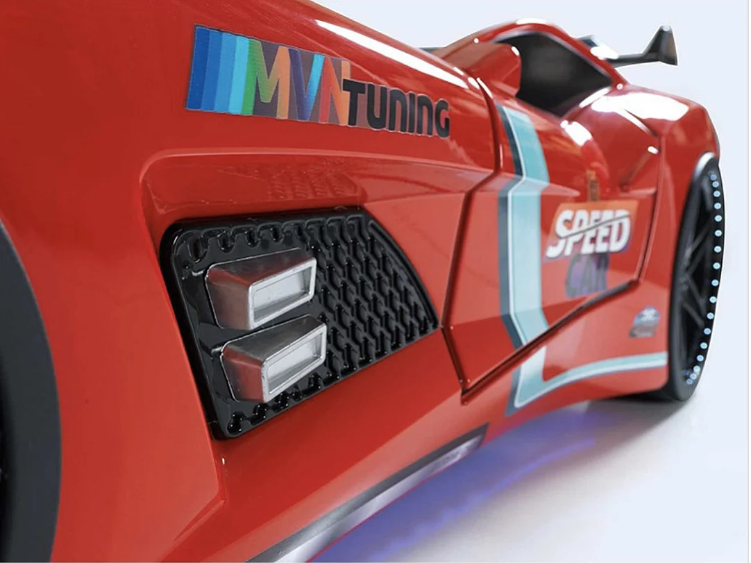 Lit voiture TURBO V8 avec LED et bruitages – 90x190-Rouge