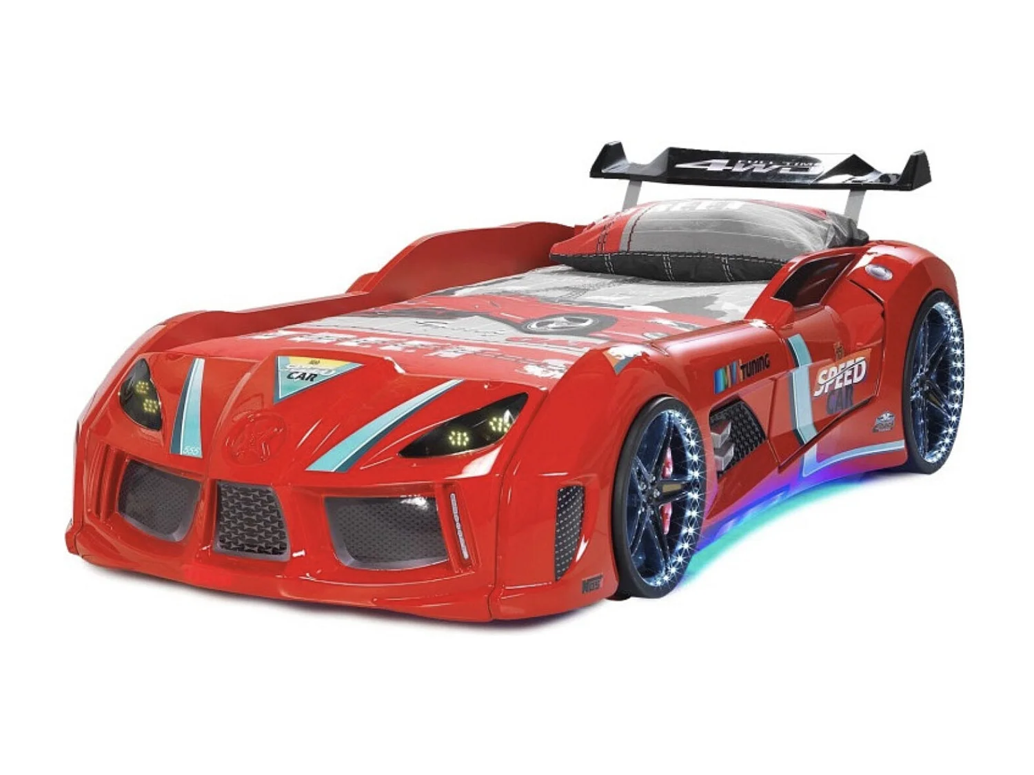 Lit voiture TURBO V8 avec LED et bruitages – 90x190-Rouge