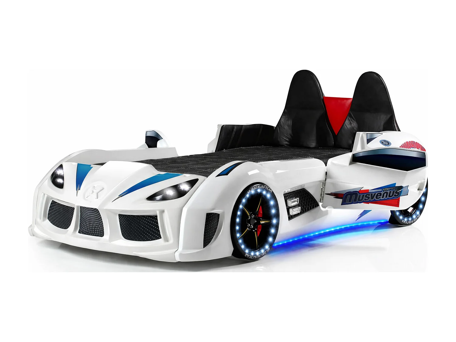 Lit voiture de sport COMPETITION à LED et effets sonores – 90x190-Blanc