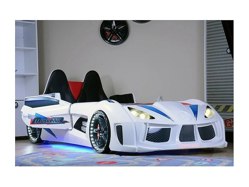 Lit voiture de sport COMPETITION à LED et effets sonores – 90x190-Blanc