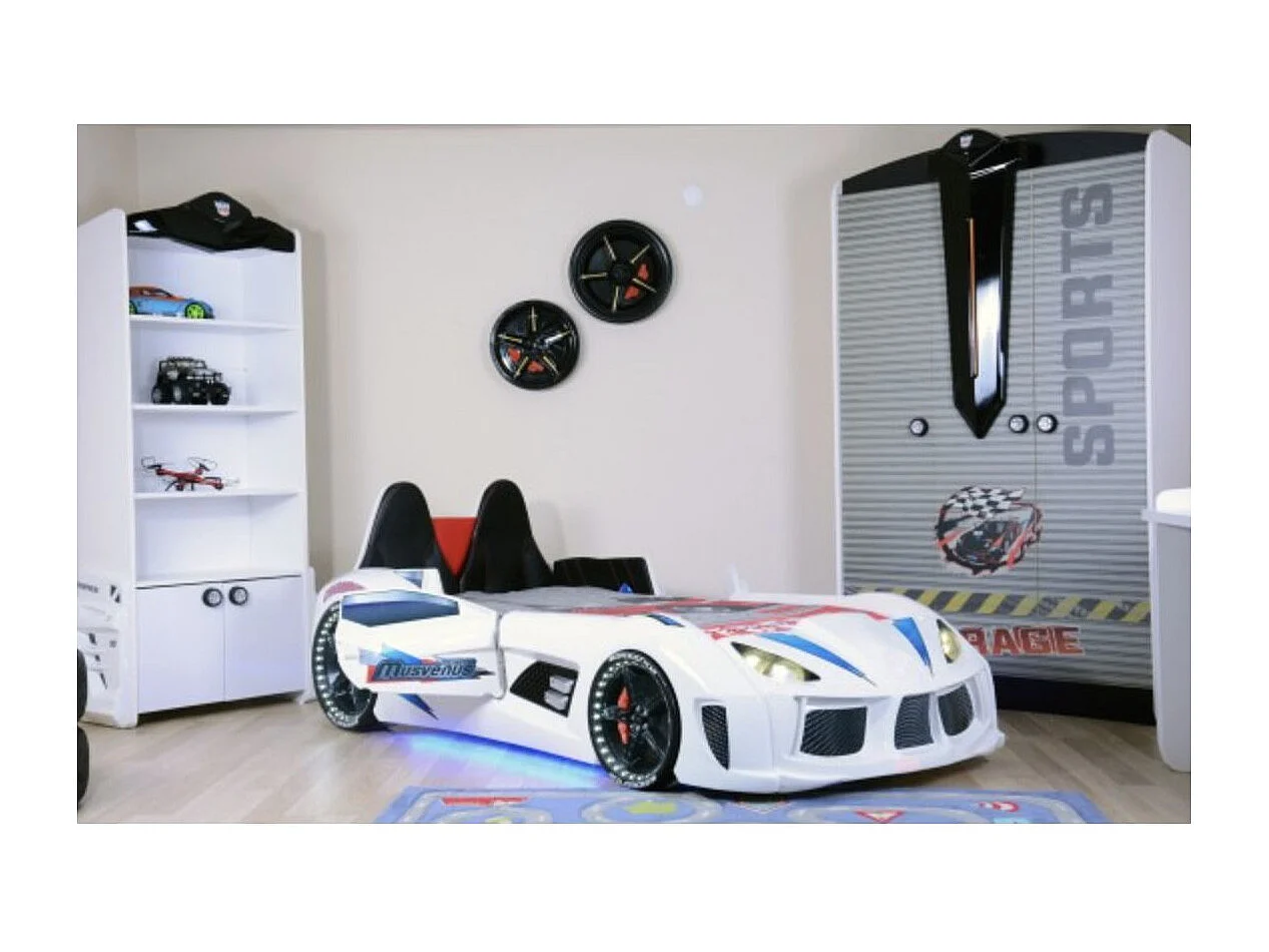 Lit voiture de sport COMPETITION à LED et effets sonores – 90x190-Blanc