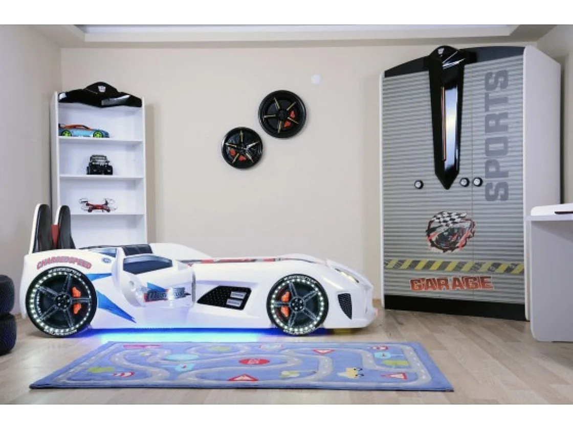 Lit voiture de sport COMPETITION à LED et effets sonores – 90x190-Blanc