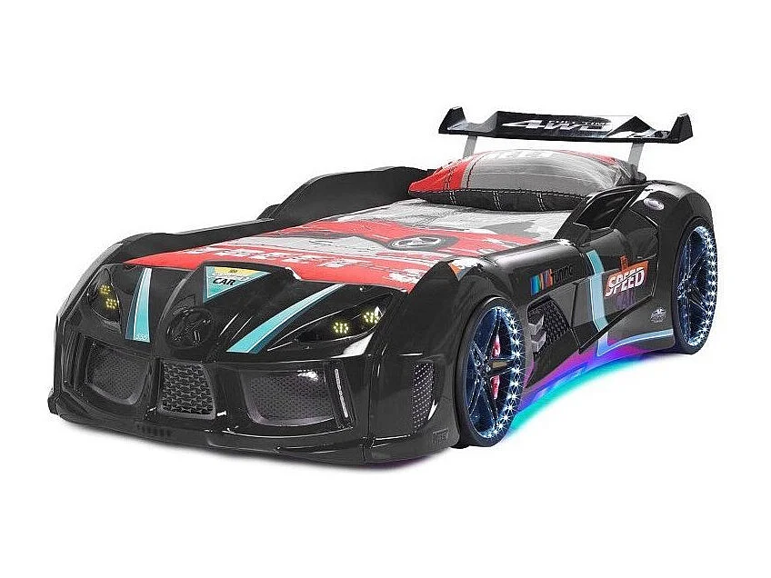 Autobed TURBO V8 met LED-verlichting en geluidseffecten – 90 x 190 cm-Kleur Zwart